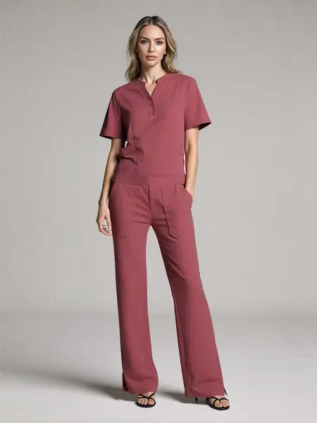 Women's Polyester Rayon Spandex 4-Way Stretch Medical Scrub Set Mandarin Collar Fashion Top And Flare Leg Pant