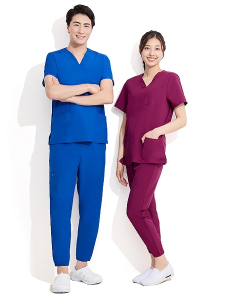Unisex Scrub Set V-neck top and Jogger Pants in Polyester Spandex 4-way Stretch Fabric 
